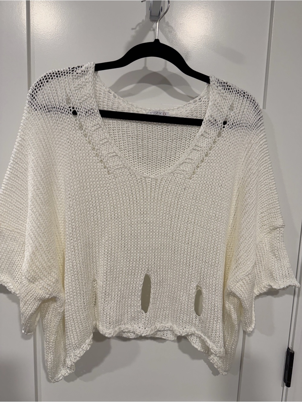 Open-Knit V-Neck Sweater in Ivory